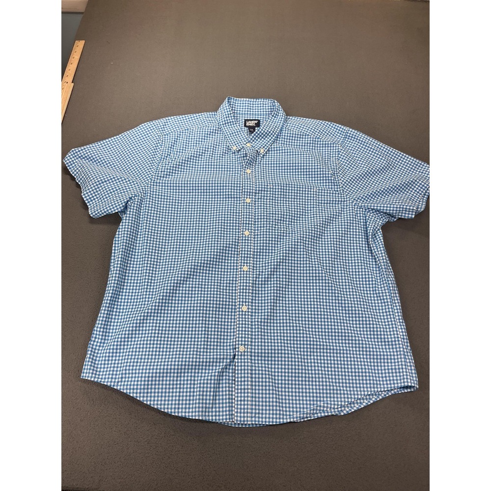 Lands' End Shirt Mens 2XL Blue Check Cotton Short Sleeve Button Up Pocket summer